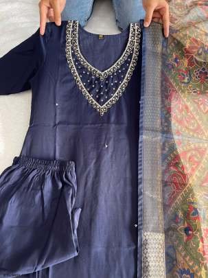 Dark Grey Roman Silk Kurti Pant Set With Dupatta