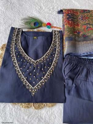 Dark Grey Roman Silk Kurti Pant Set With Dupatta
