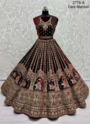 Dark Maroon Bollywood Bridal Velvet Lehenga Choli With Beautiful Neck Work