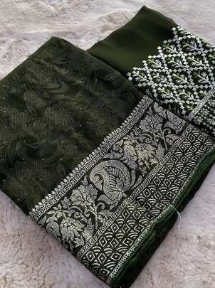 Dark Mehendi Designer Border Embroidered Georgette Saree With Heavy Unstitch Blouse