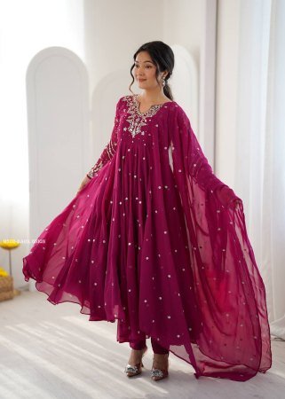 Dark Onion Embroidered  Fancy Anarkali Suit Set
