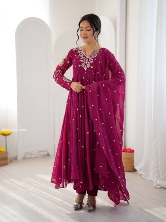 Dark Onion Embroidered  Fancy Anarkali Suit Set