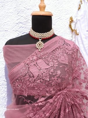 Dark Peach Sonalika Embroidered Pure Soft Net Saree