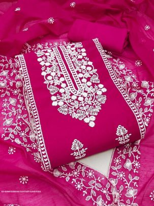 dark pink designer embroidery santoon dress material