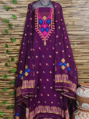 Dark Purple Latest Dhakai Jamdani Two Piece Dress Material