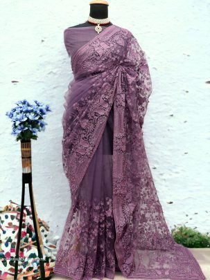 Dark Purple Sonalika Embroidered Pure Soft Net Saree