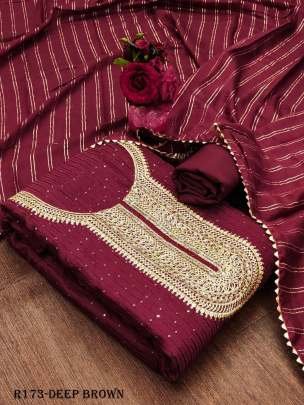 Deep Brown Designer Chanderi Unstitched Suits With Crosset Work