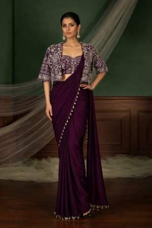 Deep Purple Saree with Silver Embroidered Blouse and Jacket