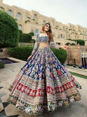 Delightful Navratri Cotton Blue Lehenga With Mirror Work