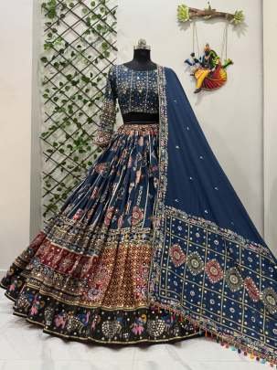 Delightful Navratri Cotton Blue Lehenga With Mirror Work