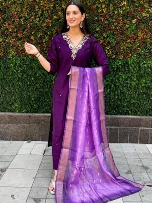 Delightful Roman Silk With Hand Work Kurti Pent Set
