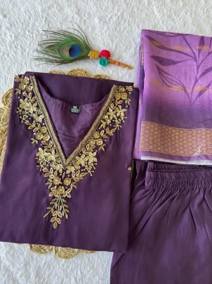 Delightful Roman Silk With Hand Work Kurti Pent Set