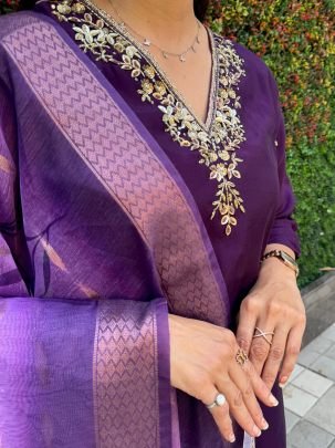 Delightful Roman Silk With Hand Work Kurti Pent Set