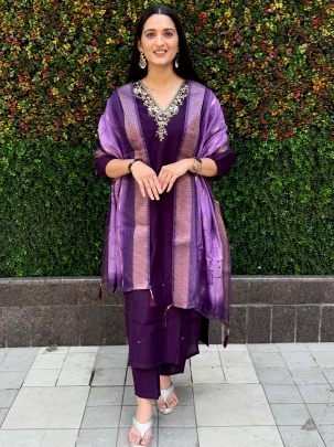 Delightful Roman Silk With Hand Work Kurti Pent Set