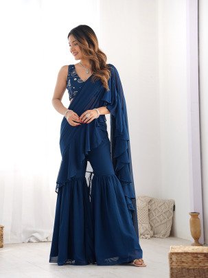 Delightful Teablue Ready To Wear Sharara Saree With Ready Made Blouse