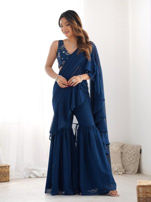 Delightful Teablue Ready To Wear Sharara Saree With Ready Made Blouse