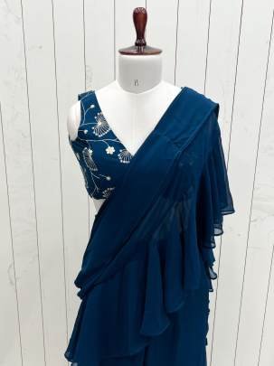 Delightful Teablue Ready To Wear Sharara Saree With Ready Made Blouse