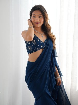 Delightful Teablue Ready To Wear Sharara Saree With Ready Made Blouse