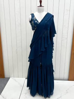 Delightful Teablue Ready To Wear Sharara Saree With Ready Made Blouse