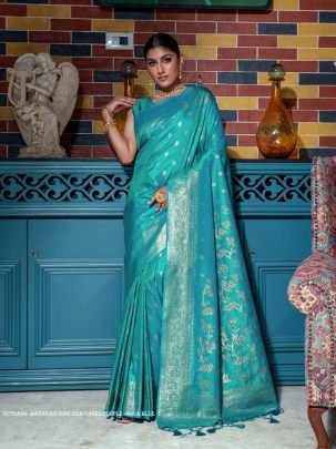 Designer Aqua Blue Zari Weaving Border Work Banarasi Silk Saree