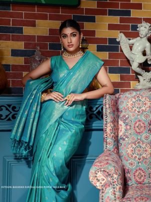 Designer Aqua Blue Zari Weaving Border Work Banarasi Silk Saree