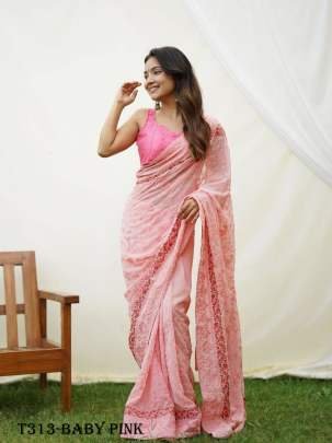 Designer Baby Pink Georgette Embroidery Silk Flower Print Saree