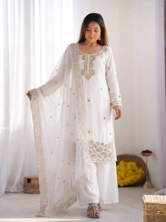 Designer Beads Work White Plazzo Suit Set With Dupatta