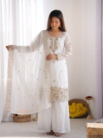 Designer Beads Work White Plazzo Suit Set With Dupatta