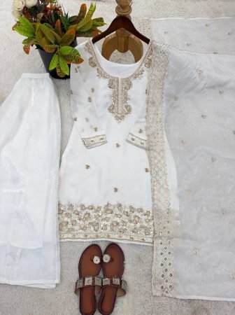 Designer Beads Work White Plazzo Suit Set With Dupatta