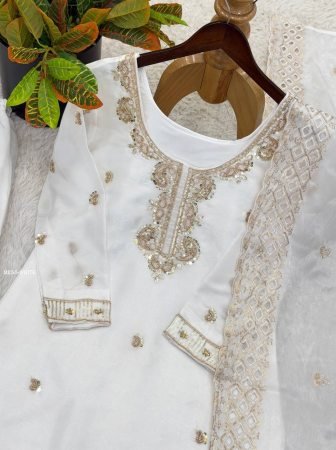 Designer Beads Work White Plazzo Suit Set With Dupatta