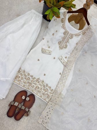 Designer Beads Work White Plazzo Suit Set With Dupatta