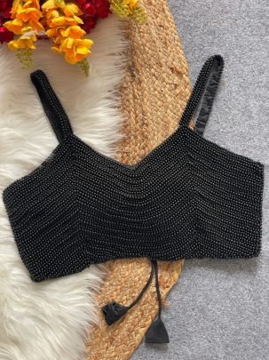 Designer Black Pearl Beads Work Sleeveless Blouse 