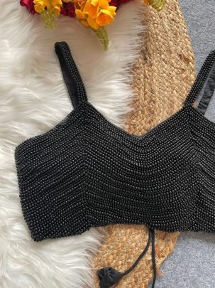 Designer Black Pearl Beads Work Sleeveless Blouse