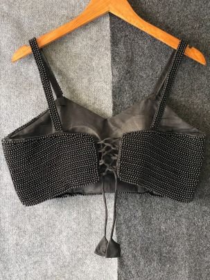 Designer Black Pearl Beads Work Sleeveless Blouse