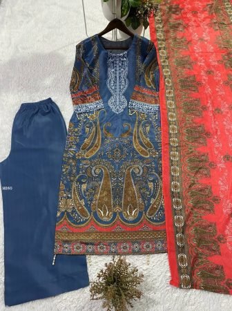 Designer Blue Printed Plazzo Suit With Dupatta