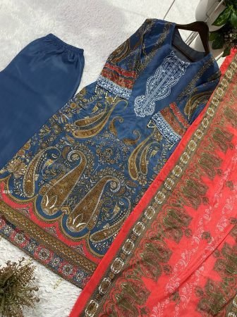 Designer Blue Printed Plazzo Suit With Dupatta