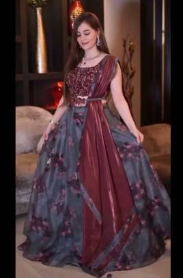 Designer Brown  Organza Printed Lehenga for Bridesmaid