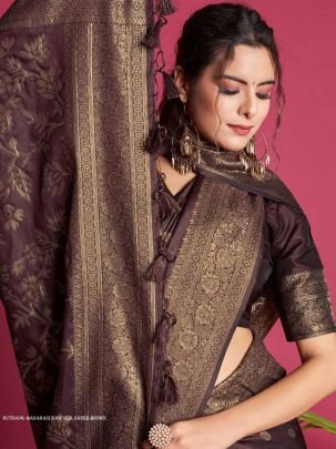 Designer Brown Zari Weaving Border Work Banarasi Silk Saree