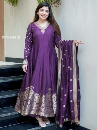 Designer Chanderi Anarkali Dress with Banarasi Work for Festive Wear