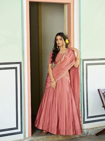Designer Chinon Peach Lehenga Set With Thread Embroidery