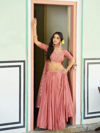 Designer Chinon Peach Lehenga Set With Thread Embroidery