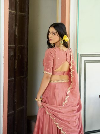 Designer Chinon Peach Lehenga Set With Thread Embroidery
