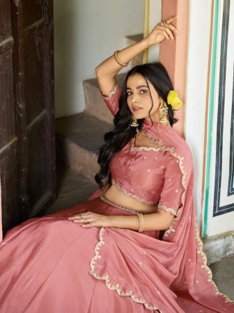 Designer Chinon Peach Lehenga Set With Thread Embroidery