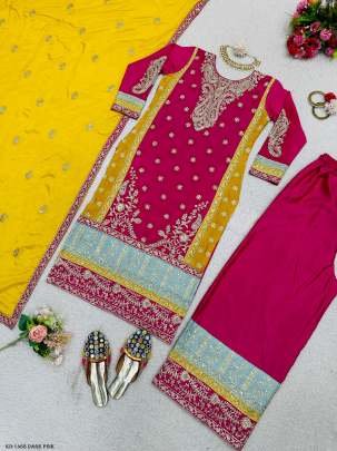 Designer Chinon Silk Dark Pink Sequence Work Sharara Suit