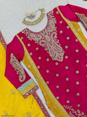 Designer Chinon Silk Dark Pink Sequence Work Sharara Suit