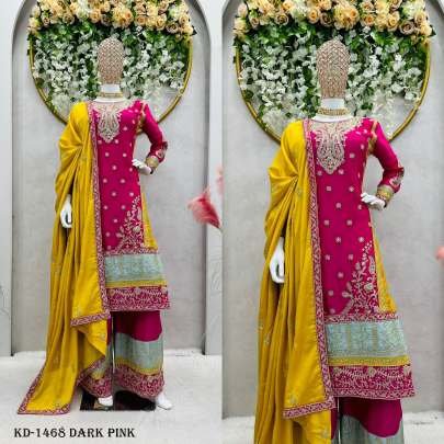 Designer Chinon Silk Dark Pink Sequence Work Sharara Suit