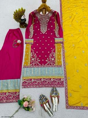 Designer Chinon Silk Dark Pink Sequence Work Sharara Suit