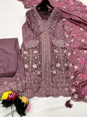 Designer Chinon Silk Embroidered Suit With Heavy Digital Printed Dupatta