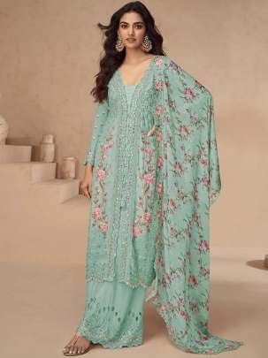 Designer Chinon Silk Sea Green Suit With Embroidery Sequence Work