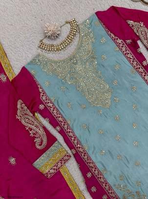 Designer Chinon Silk Sky Blue Sequence Work Sharara Suit